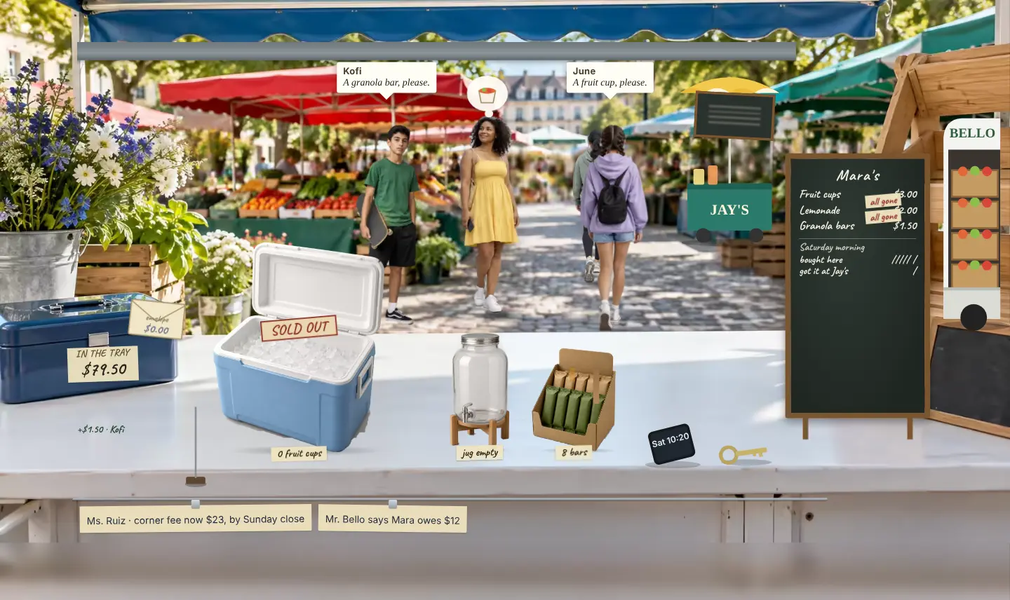 The market stall during a Decision Challenges practice run.